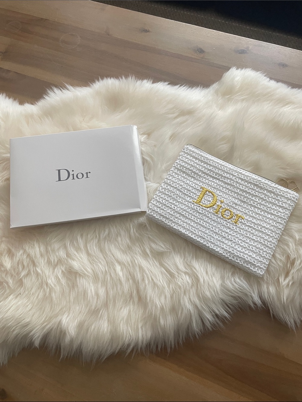 Dior White Woven Zip Pouch with Gold Embroidered Logo